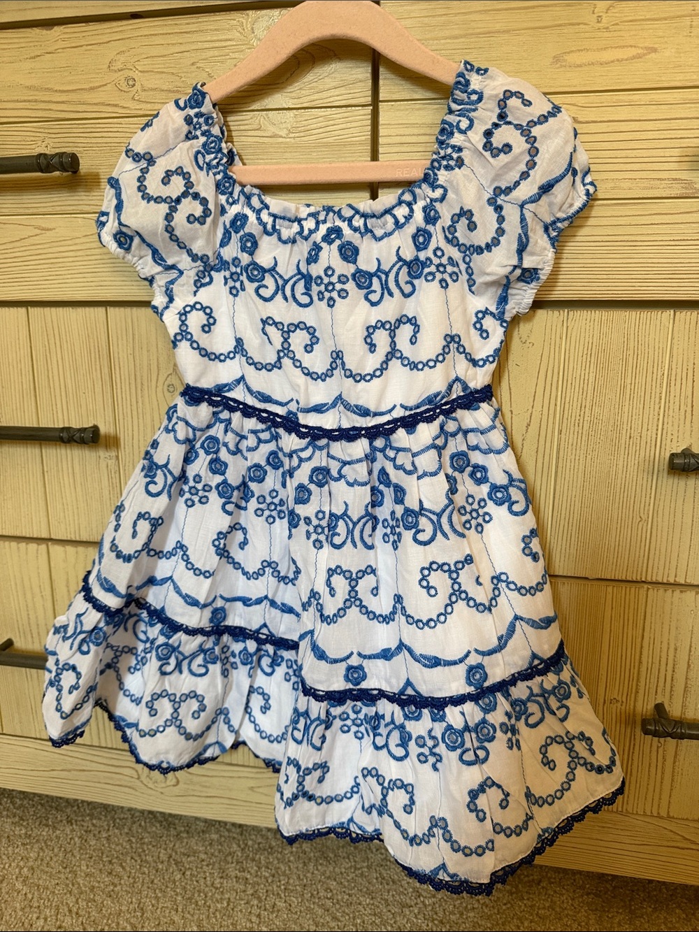Rare Editions White Dress with Blue Floral Embroidery
